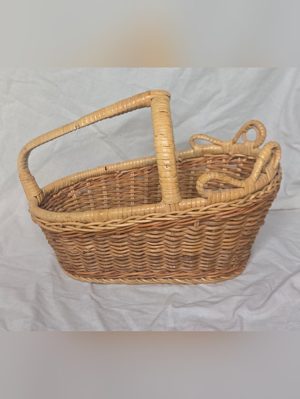 Vintage Wine Basket Wicker Boho Cottagecore Rattan Bottle Caddy Farmhouse Rustic